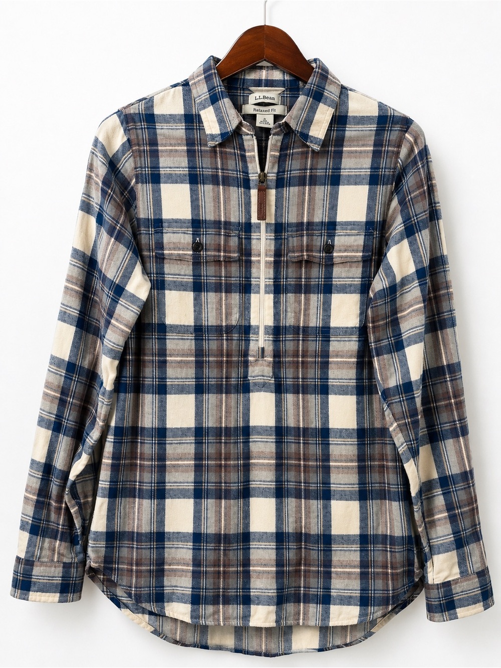 L.L.Bean Scotch Plaid Flannel Quarter Zip Pullover Shirt Blue S